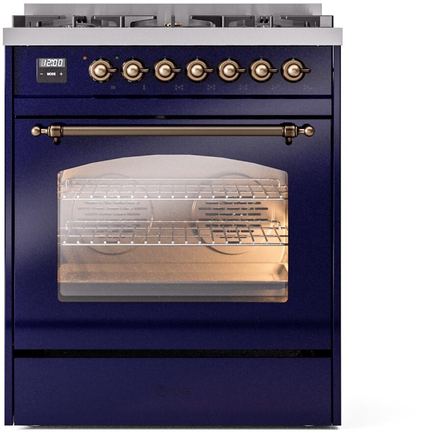 ILVE Nostalgie II 30-Inch Dual Fuel Freestanding Range in Midnight Blue with Bronze Trim (UP30NMPMBB)