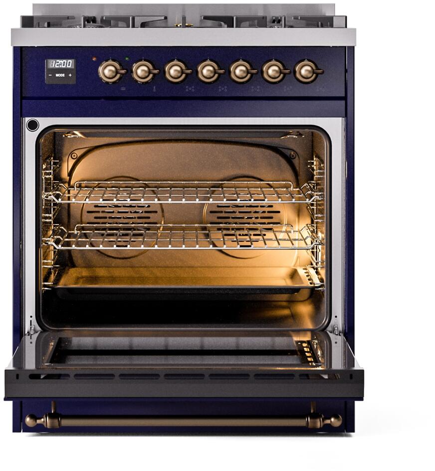 ILVE Nostalgie II 30-Inch Dual Fuel Freestanding Range in Midnight Blue with Bronze Trim (UP30NMPMBB)