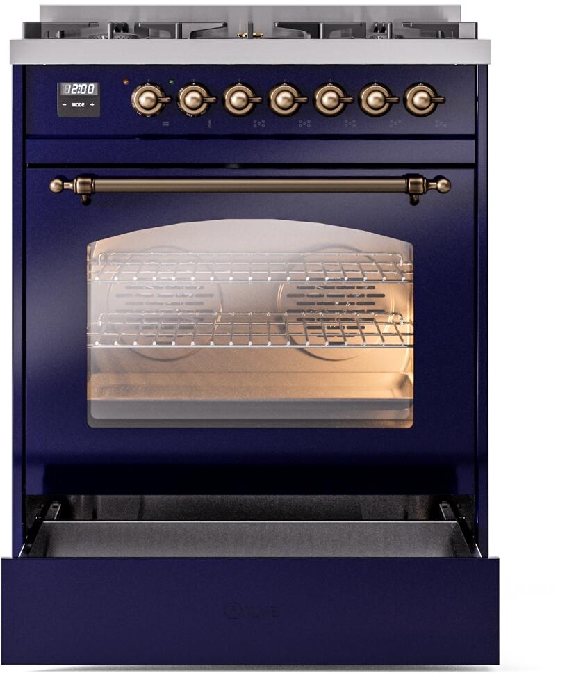 ILVE Nostalgie II 30-Inch Dual Fuel Freestanding Range in Midnight Blue with Bronze Trim (UP30NMPMBB)