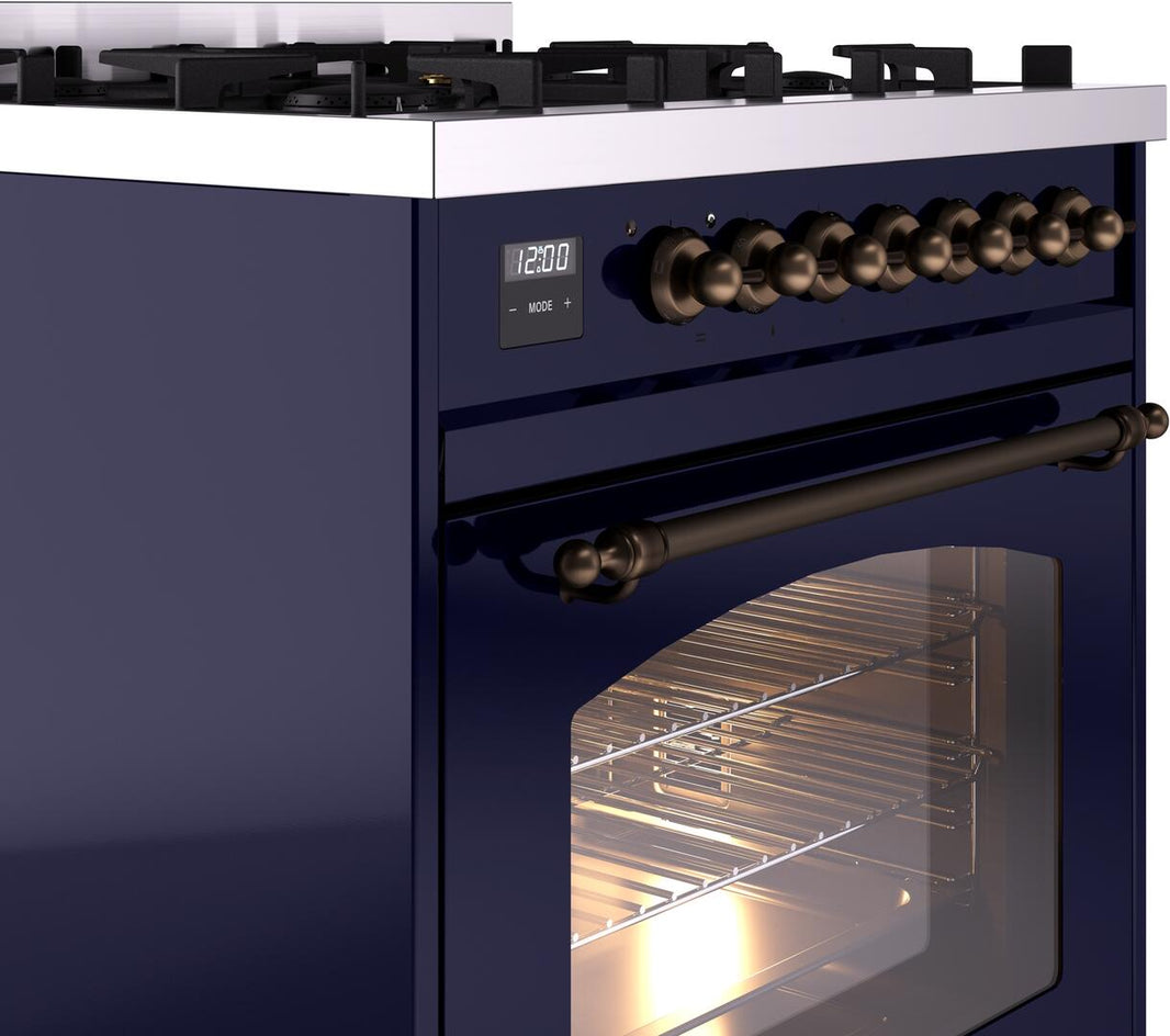 ILVE Nostalgie II 30-Inch Dual Fuel Freestanding Range in Midnight Blue with Bronze Trim (UP30NMPMBB)