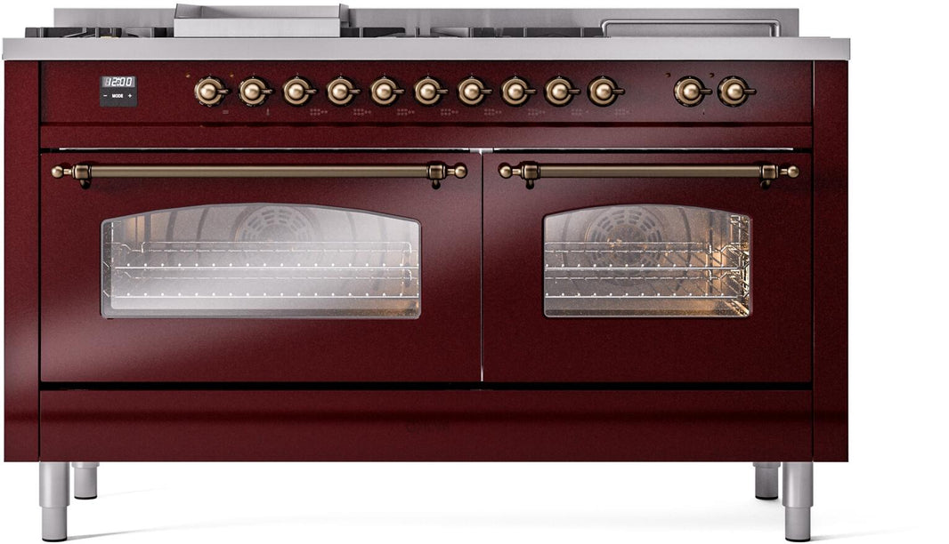 ILVE Nostalgie II 60-Inch Dual Fuel Freestanding Range in Burgundy with Bronze Trim (UP60FSNMPBUB)