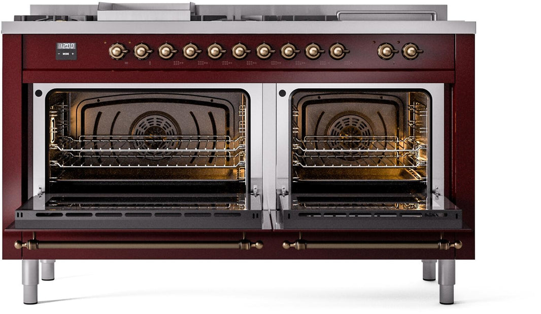 ILVE Nostalgie II 60-Inch Dual Fuel Freestanding Range in Burgundy with Bronze Trim (UP60FSNMPBUB)