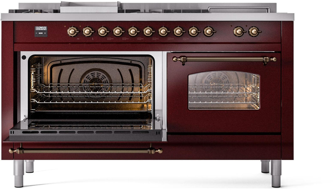 ILVE Nostalgie II 60-Inch Dual Fuel Freestanding Range in Burgundy with Bronze Trim (UP60FSNMPBUB)