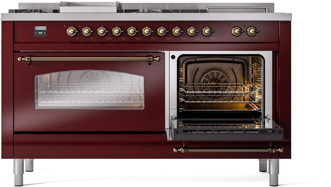 ILVE Nostalgie II 60-Inch Dual Fuel Freestanding Range in Burgundy with Bronze Trim (UP60FSNMPBUB)