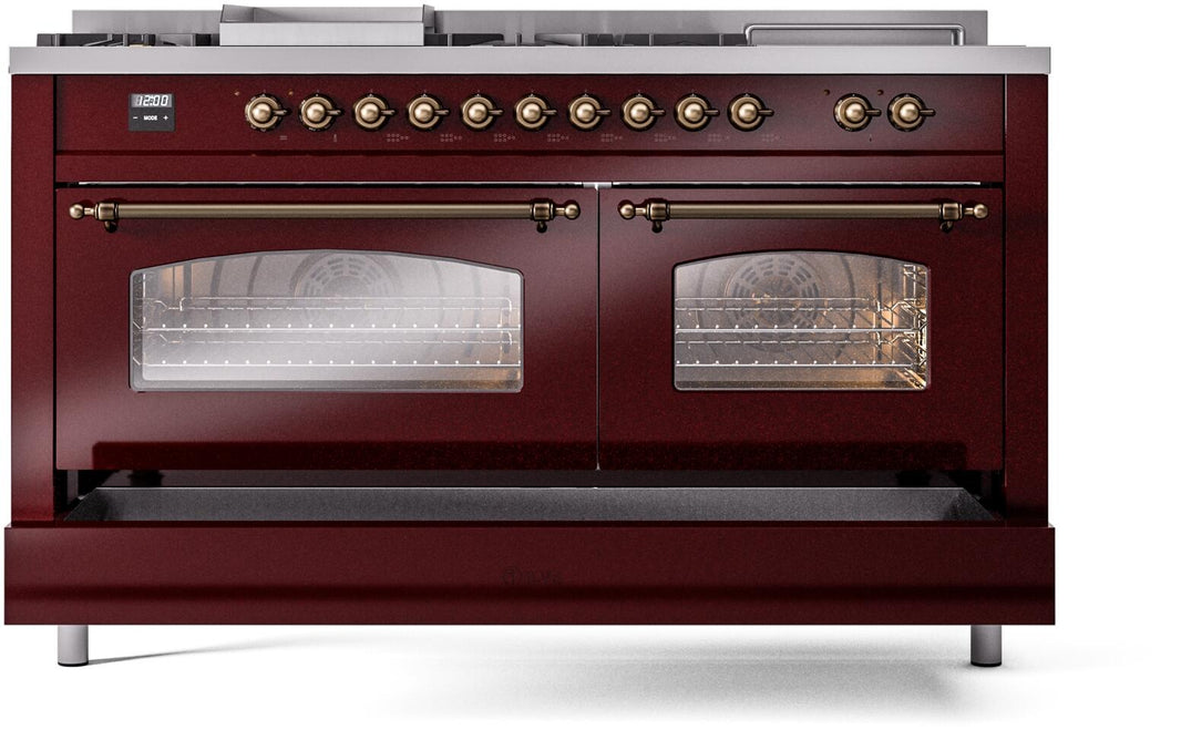 ILVE Nostalgie II 60-Inch Dual Fuel Freestanding Range in Burgundy with Bronze Trim (UP60FSNMPBUB)