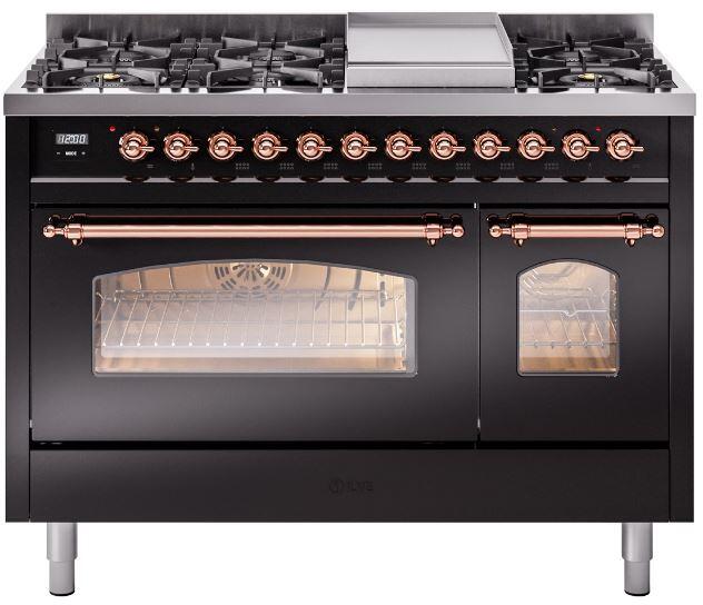 ILVE Nostalgie II 48-Inch Dual Fuel Freestanding Range in Glossy Black with Copper Trim (UP48FNMPBKP)