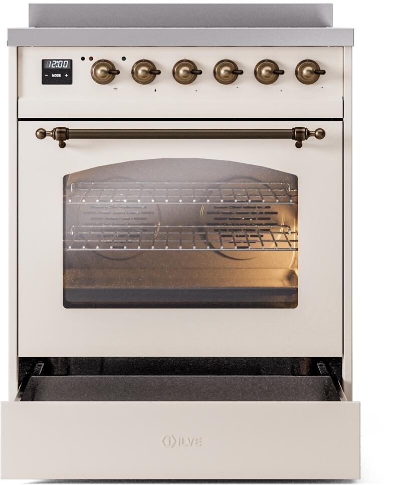 ILVE Nostalgie II 30-Inch Freestanding Electric Induction Range in Antique White with Bronze Trim (UPI304NMPAWB)