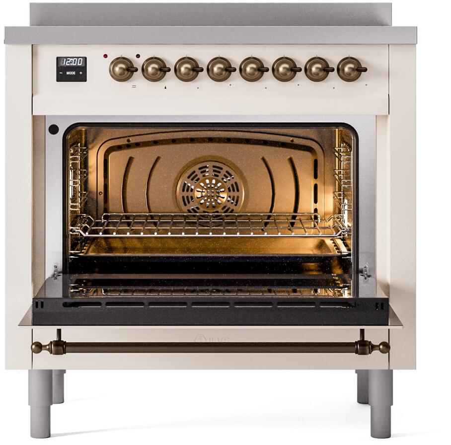 ILVE Nostalgie II 36-Inch Freestanding Electric Induction Range in Antique White with Bronze Trim (UPI366NMPAWB)