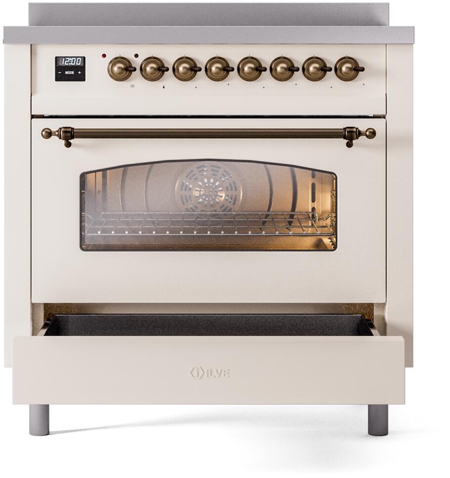 ILVE Nostalgie II 36-Inch Freestanding Electric Induction Range in Antique White with Bronze Trim (UPI366NMPAWB)