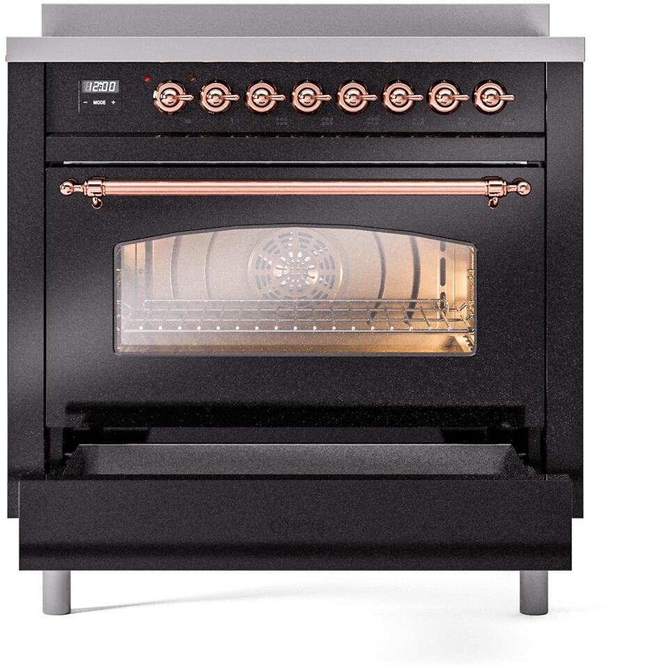 ILVE Nostalgie II 36-Inch Freestanding Electric Induction Range in Glossy Black with Copper Trim (UPI366NMPBKP)