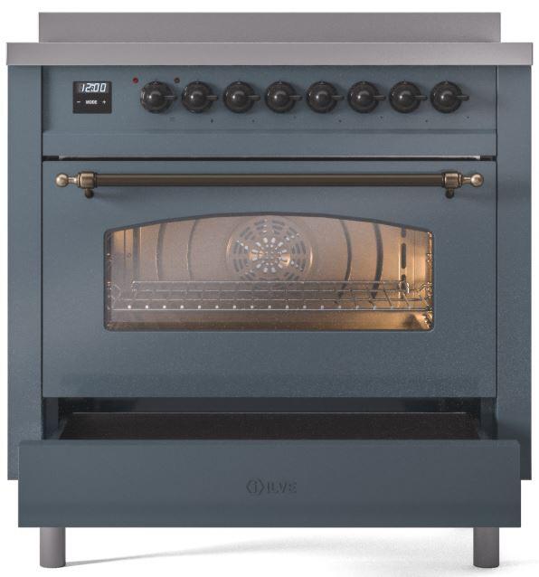 ILVE Nostalgie II 36-Inch Freestanding Electric Induction Range in Blue Grey with Bronze Trim (UPI366NMPBGB)