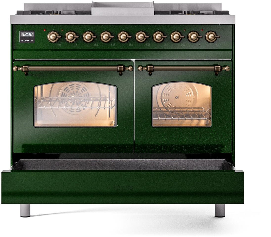 ILVE Nostalgie II 40-Inch Dual Fuel Freestanding Range in Emerald Green with Bronze Trim (UPD40FNMPEGB)