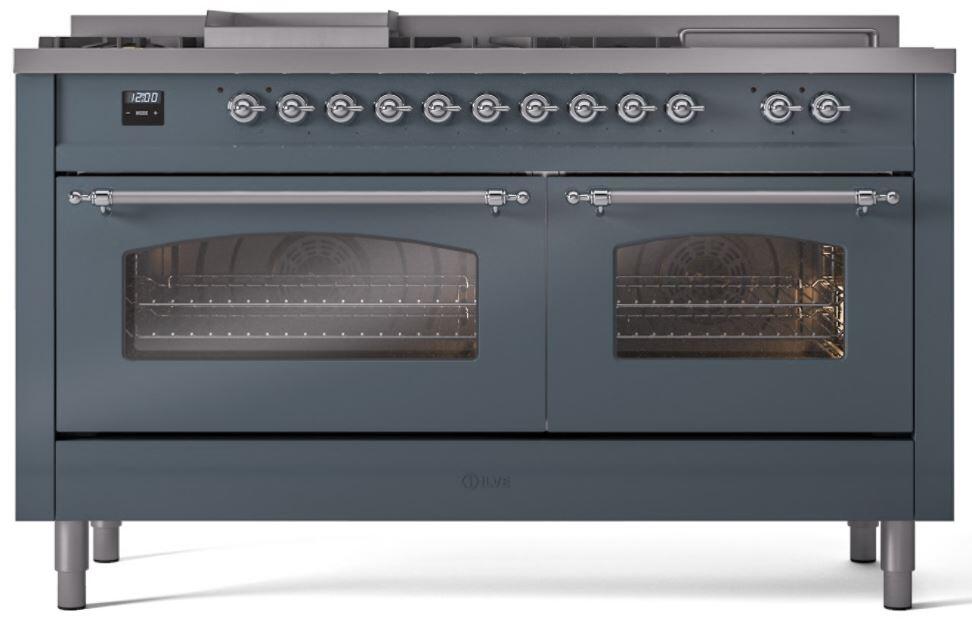 ILVE Nostalgie II 60-Inch Dual Fuel Freestanding Range in Blue Grey with Chrome Trim (UP60FSNMPBGC)