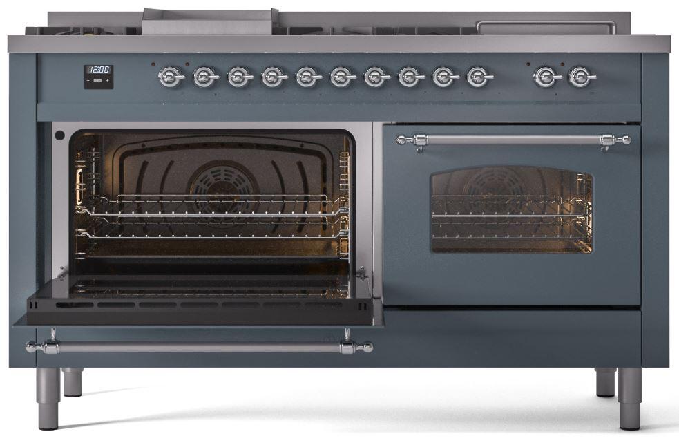 ILVE Nostalgie II 60-Inch Dual Fuel Freestanding Range in Blue Grey with Chrome Trim (UP60FSNMPBGC)