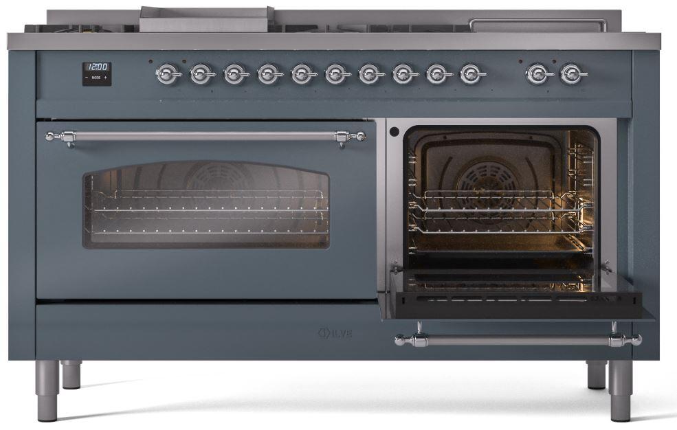 ILVE Nostalgie II 60-Inch Dual Fuel Freestanding Range in Blue Grey with Chrome Trim (UP60FSNMPBGC)