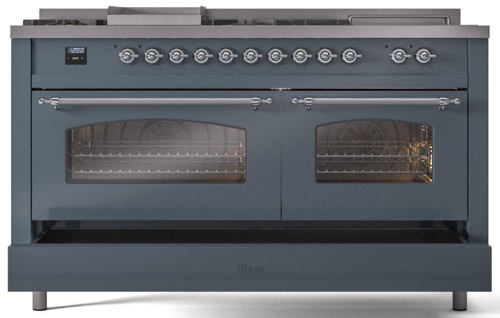 ILVE Nostalgie II 60-Inch Dual Fuel Freestanding Range in Blue Grey with Chrome Trim (UP60FSNMPBGC)