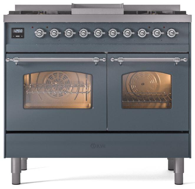 ILVE Nostalgie II 40-Inch Dual Fuel Freestanding Range in Blue Grey with Chrome Trim (UPD40FNMPBGC)