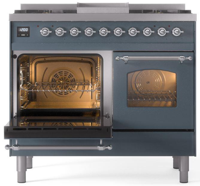 ILVE Nostalgie II 40-Inch Dual Fuel Freestanding Range in Blue Grey with Chrome Trim (UPD40FNMPBGC)