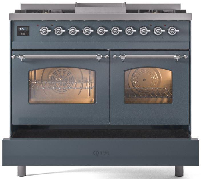 ILVE Nostalgie II 40-Inch Dual Fuel Freestanding Range in Blue Grey with Chrome Trim (UPD40FNMPBGC)