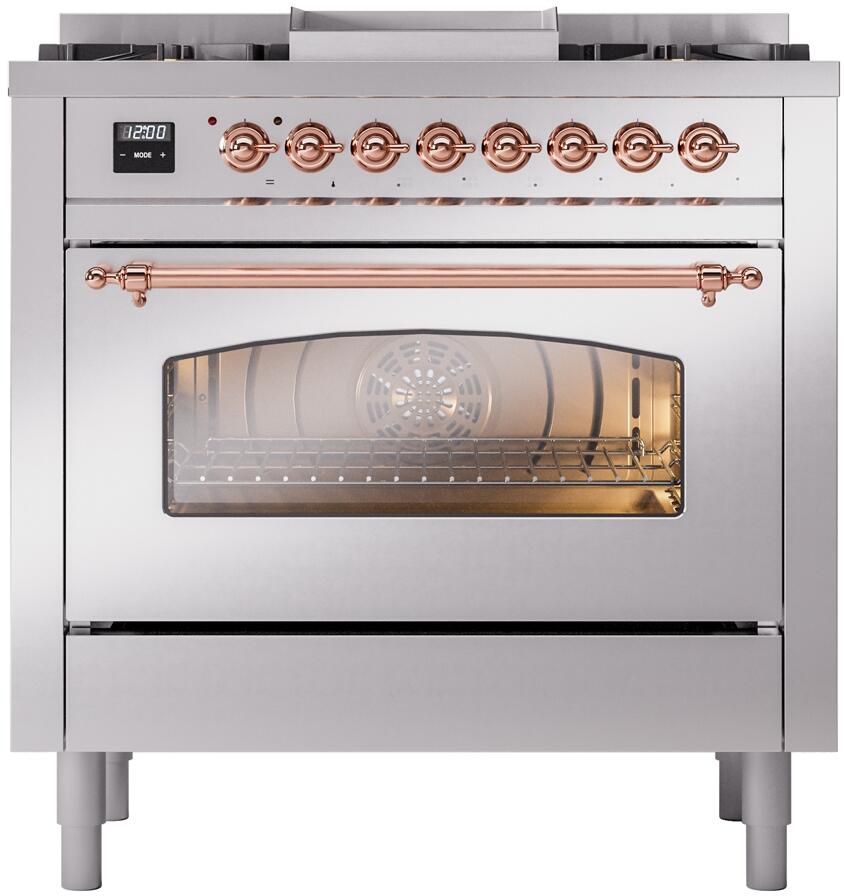 ILVE Nostalgie II 36-Inch Dual Fuel Freestanding Range in Stainless Steel with Copper Trim (UP36FNMPSSP)