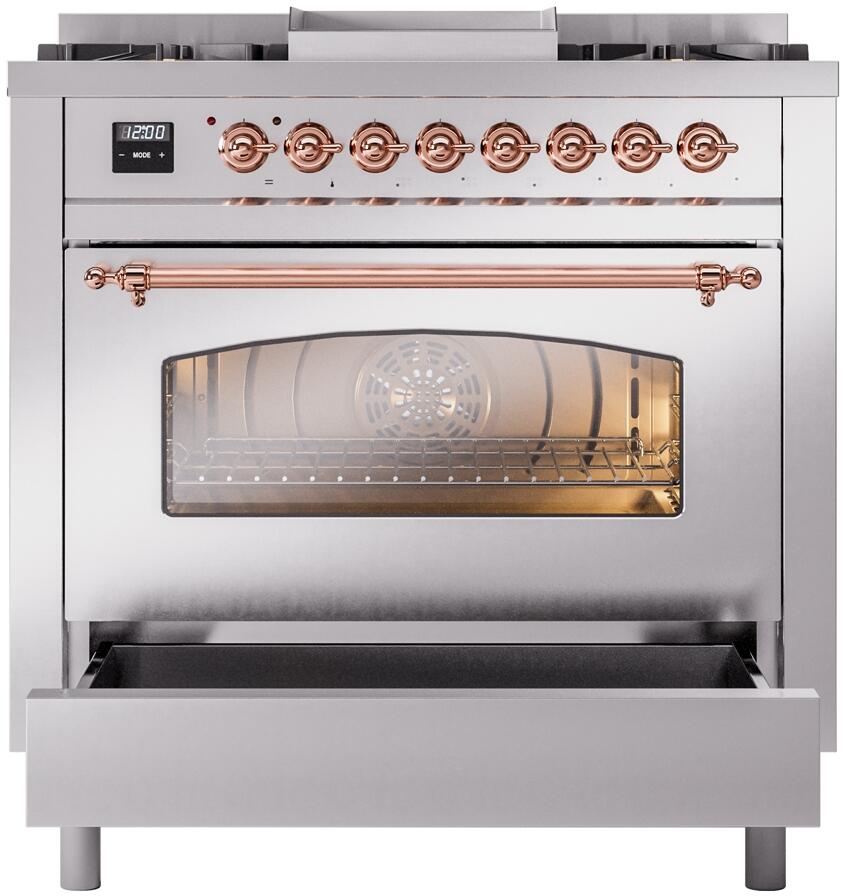 ILVE Nostalgie II 36-Inch Dual Fuel Freestanding Range in Stainless Steel with Copper Trim (UP36FNMPSSP)