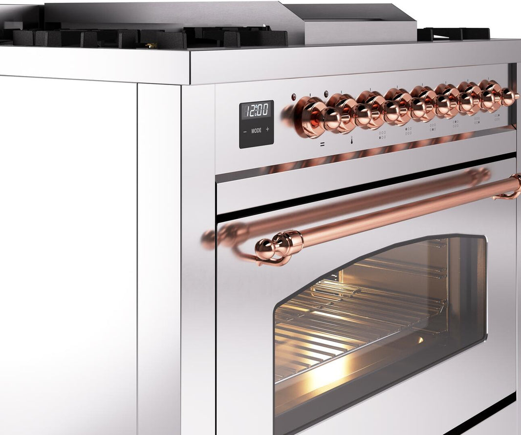 ILVE Nostalgie II 36-Inch Dual Fuel Freestanding Range in Stainless Steel with Copper Trim (UP36FNMPSSP)