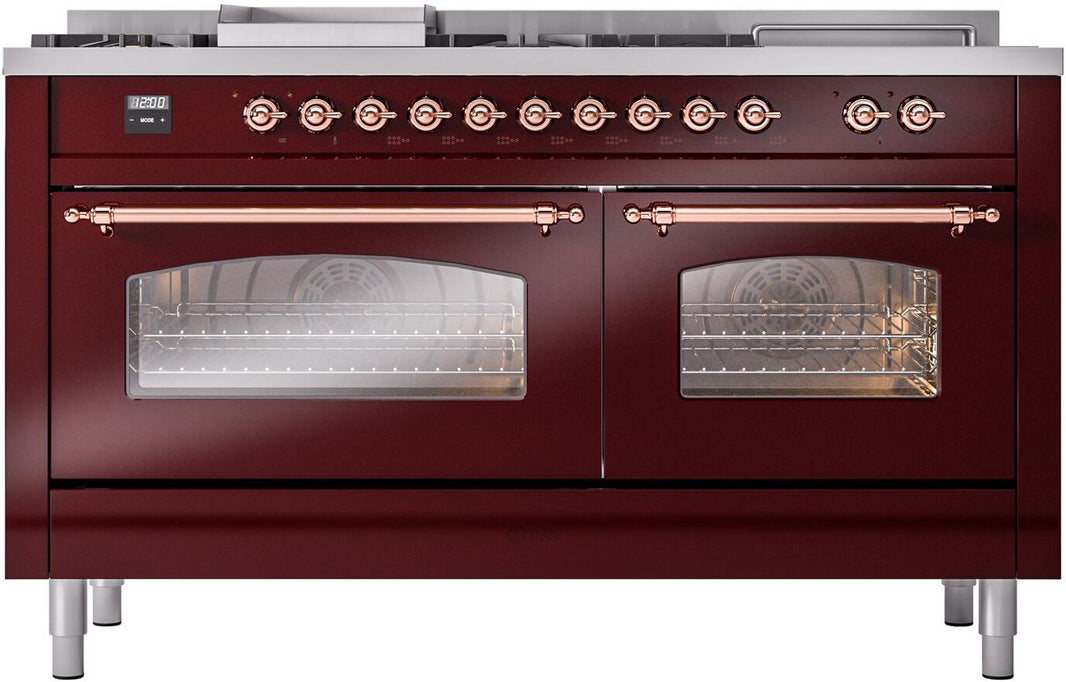 ILVE Nostalgie II 60-Inch Dual Fuel Freestanding Range in Burgundy with Copper Trim (UP60FSNMPBUP)