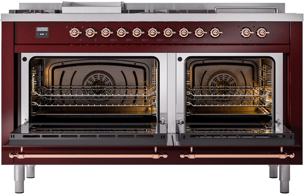 ILVE Nostalgie II 60-Inch Dual Fuel Freestanding Range in Burgundy with Copper Trim (UP60FSNMPBUP)