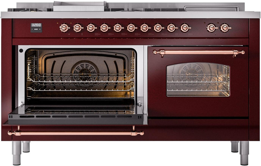 ILVE Nostalgie II 60-Inch Dual Fuel Freestanding Range in Burgundy with Copper Trim (UP60FSNMPBUP)