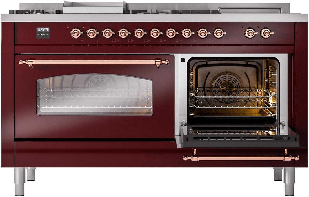 ILVE Nostalgie II 60-Inch Dual Fuel Freestanding Range in Burgundy with Copper Trim (UP60FSNMPBUP)