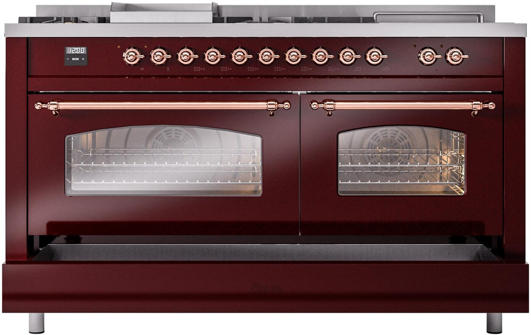 ILVE Nostalgie II 60-Inch Dual Fuel Freestanding Range in Burgundy with Copper Trim (UP60FSNMPBUP)