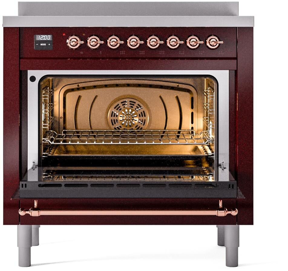 ILVE Nostalgie II 36-Inch Freestanding Electric Induction Range in Burgundy with Copper Trim (UPI366NMPBUP)