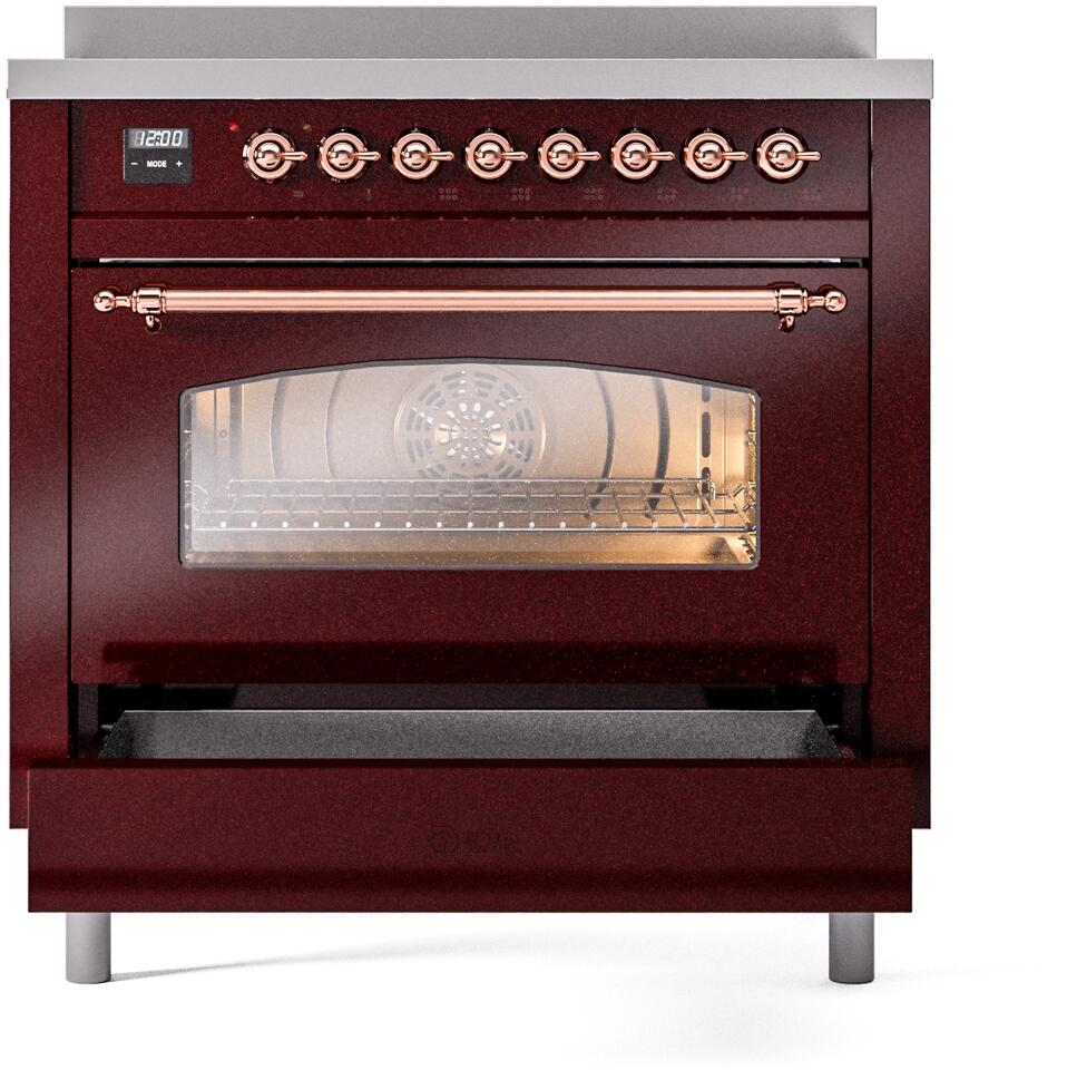 ILVE Nostalgie II 36-Inch Freestanding Electric Induction Range in Burgundy with Copper Trim (UPI366NMPBUP)