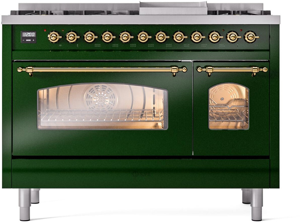 ILVE Nostalgie II 48-Inch Dual Fuel Freestanding Range in Emerald Green with Brass Trim (UP48FNMPEGG)