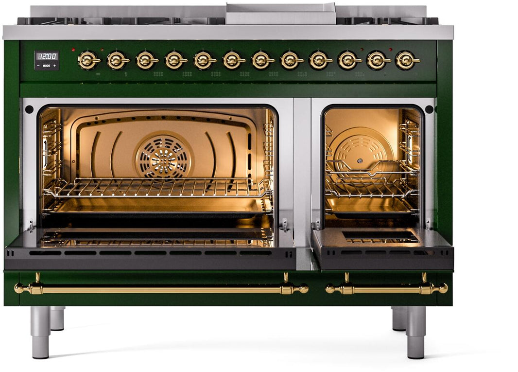 ILVE Nostalgie II 48-Inch Dual Fuel Freestanding Range in Emerald Green with Brass Trim (UP48FNMPEGG)