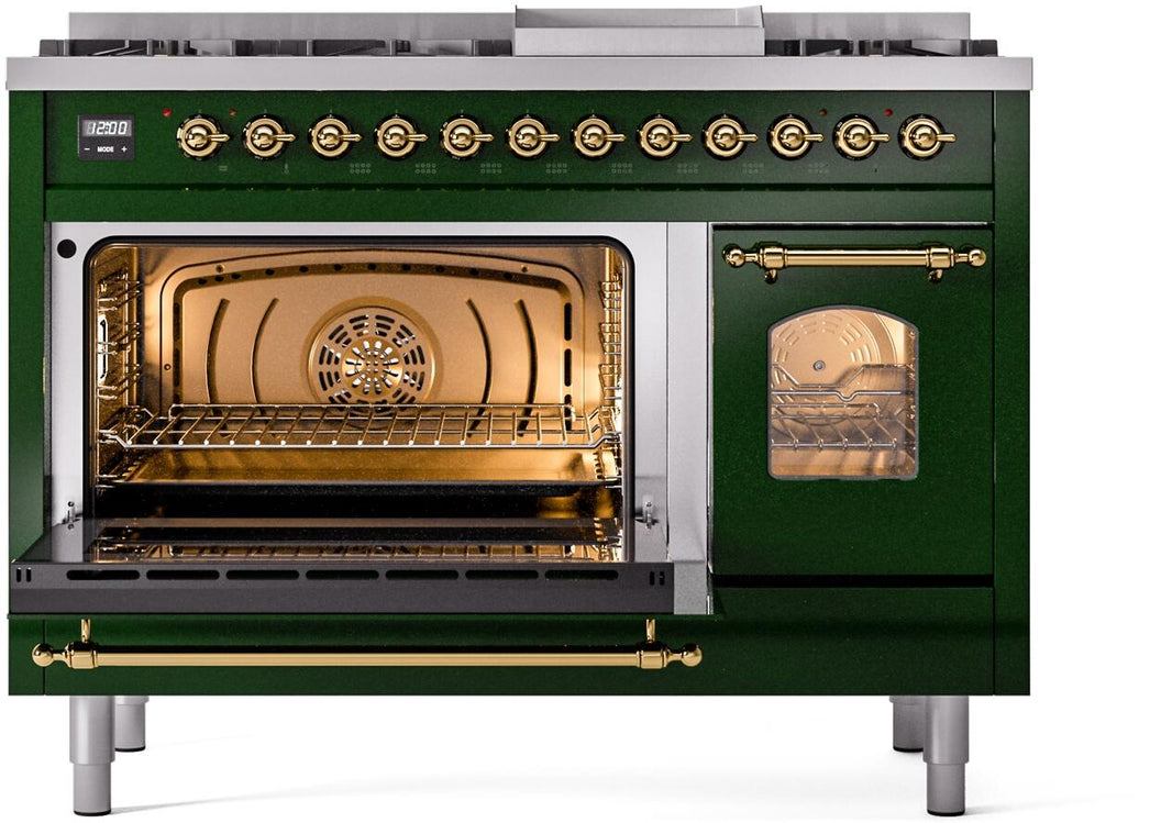 ILVE Nostalgie II 48-Inch Dual Fuel Freestanding Range in Emerald Green with Brass Trim (UP48FNMPEGG)