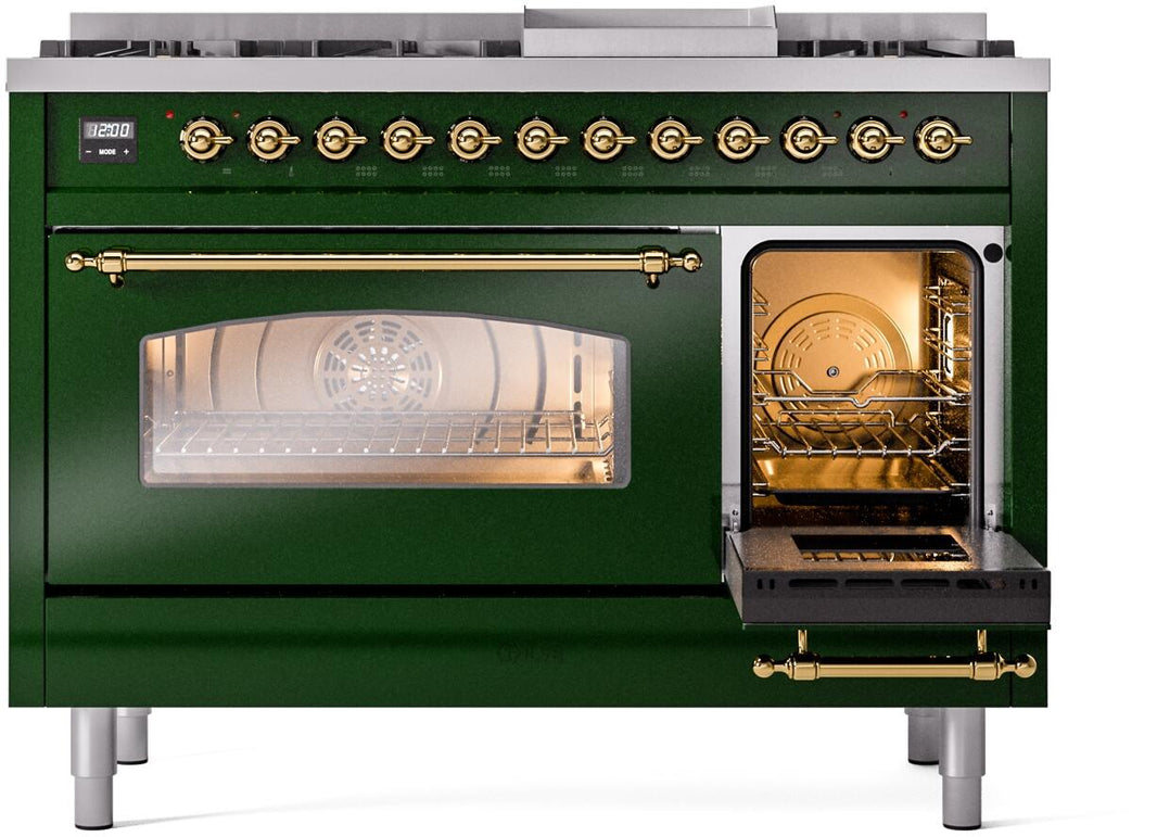 ILVE Nostalgie II 48-Inch Dual Fuel Freestanding Range in Emerald Green with Brass Trim (UP48FNMPEGG)