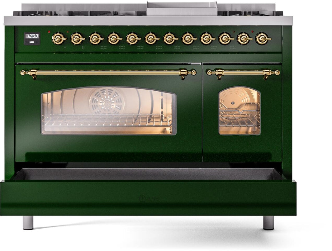 ILVE Nostalgie II 48-Inch Dual Fuel Freestanding Range in Emerald Green with Brass Trim (UP48FNMPEGG)