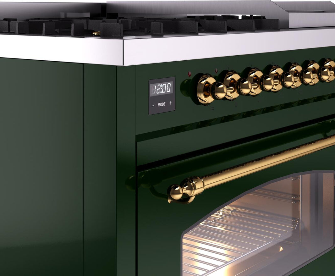 ILVE Nostalgie II 48-Inch Dual Fuel Freestanding Range in Emerald Green with Brass Trim (UP48FNMPEGG)