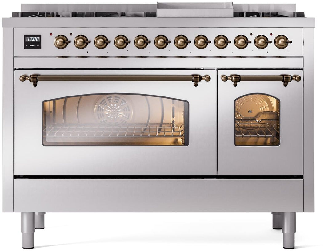 ILVE Nostalgie II 48-Inch Dual Fuel Freestanding Range in Stainless Steel with Bronze Trim (UP48FNMPSSB)