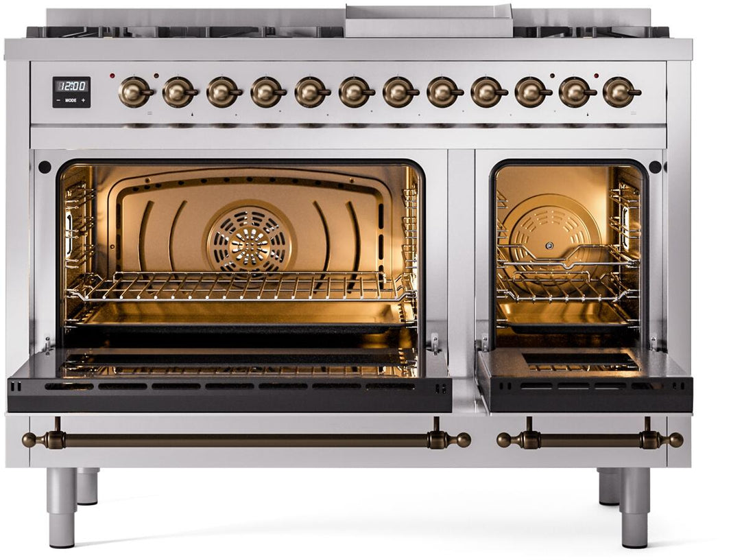 ILVE Nostalgie II 48-Inch Dual Fuel Freestanding Range in Stainless Steel with Bronze Trim (UP48FNMPSSB)