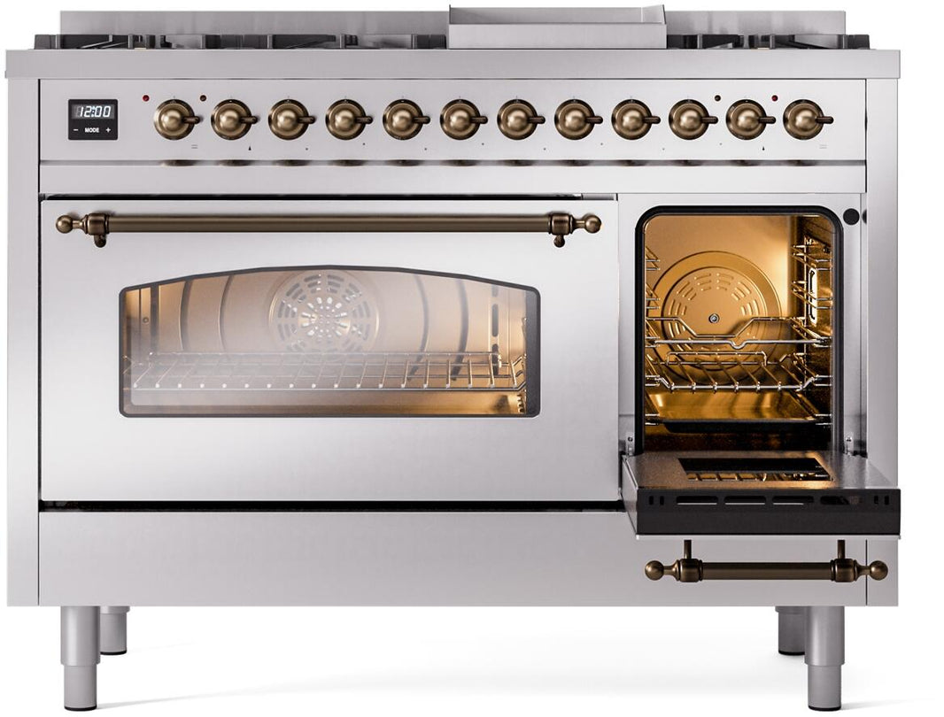 ILVE Nostalgie II 48-Inch Dual Fuel Freestanding Range in Stainless Steel with Bronze Trim (UP48FNMPSSB)