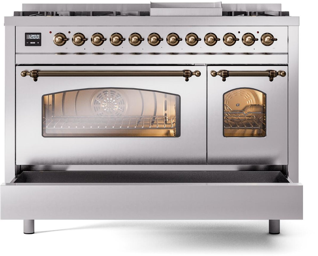 ILVE Nostalgie II 48-Inch Dual Fuel Freestanding Range in Stainless Steel with Bronze Trim (UP48FNMPSSB)