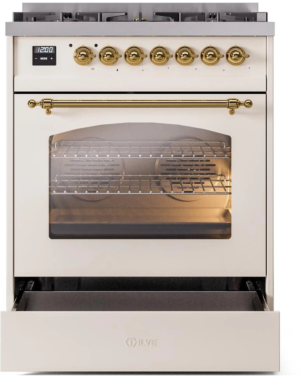 ILVE Nostalgie II 30-Inch Dual Fuel Freestanding Range in Antique White with Brass Trim (UP30NMPAWG)