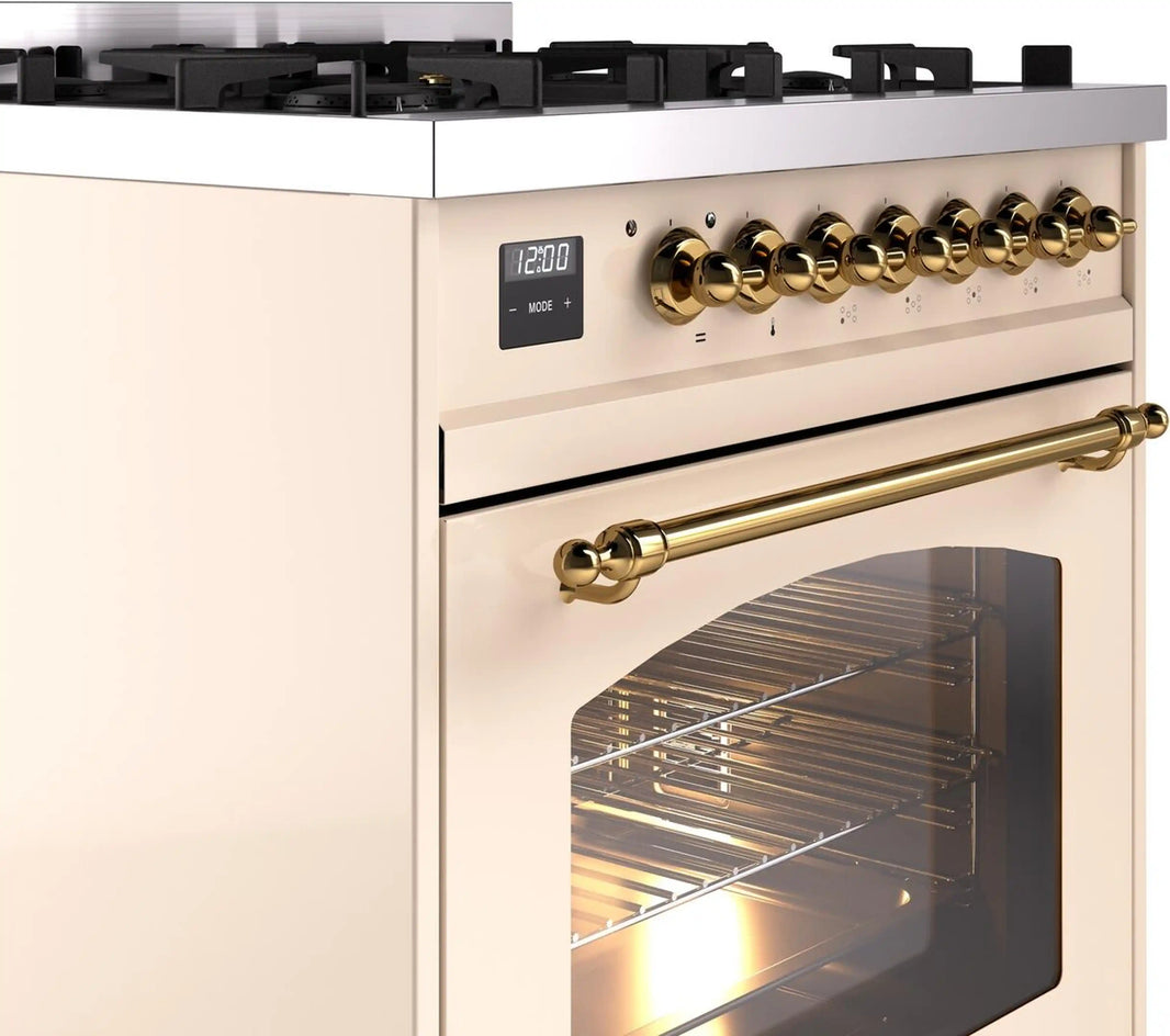 ILVE Nostalgie II 30-Inch Dual Fuel Freestanding Range in Antique White with Brass Trim (UP30NMPAWG)