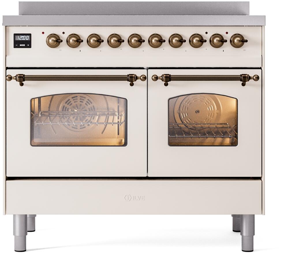 ILVE Nostalgie II 40-Inch Freestanding Electric Induction Range in Antique White with Bronze Trim (UPDI406NMPAWB)