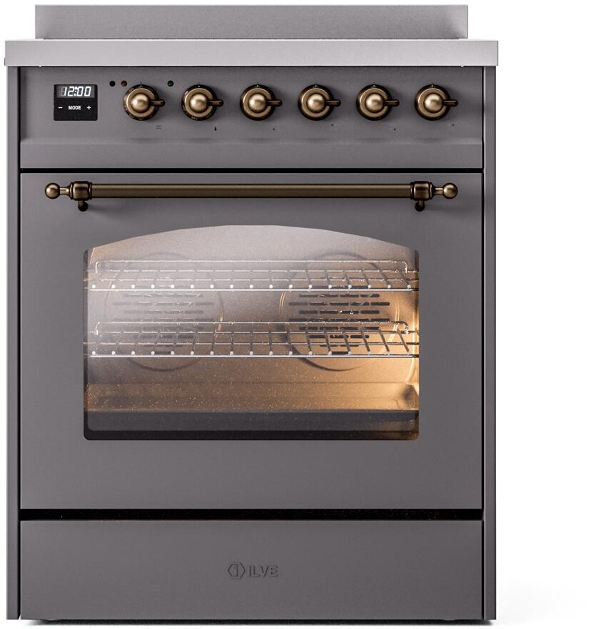 ILVE Nostalgie II 30-Inch Freestanding Electric Induction Range in Matte Graphite with Bronze Trim (UPI304NMPMGB)