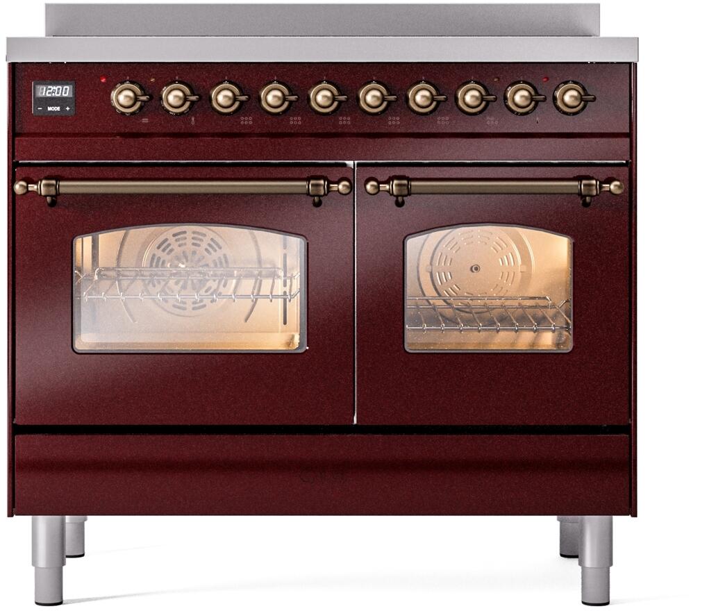 ILVE Nostalgie II 40-Inch Freestanding Electric Induction Range in Burgundy with Bronze Trim (UPDI406NMPBUB)