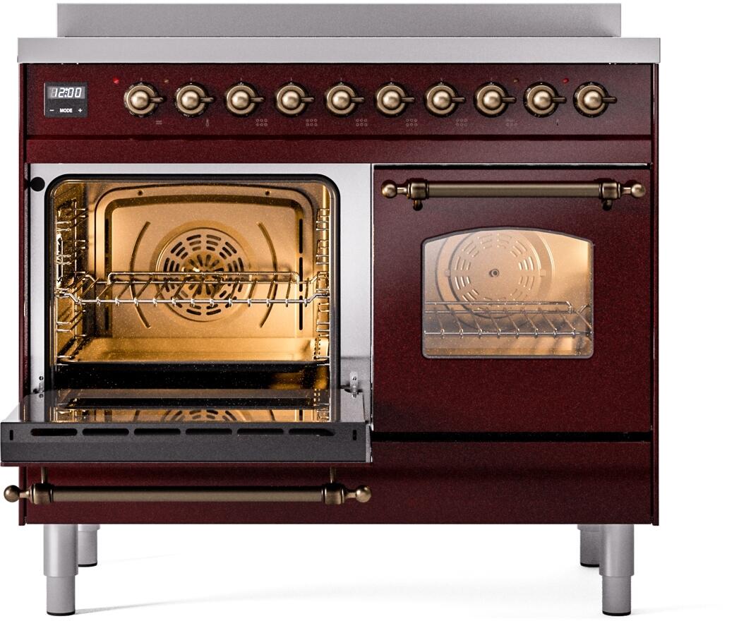 ILVE Nostalgie II 40-Inch Freestanding Electric Induction Range in Burgundy with Bronze Trim (UPDI406NMPBUB)