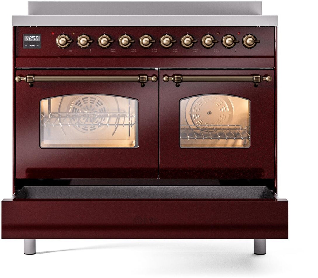 ILVE Nostalgie II 40-Inch Freestanding Electric Induction Range in Burgundy with Bronze Trim (UPDI406NMPBUB)